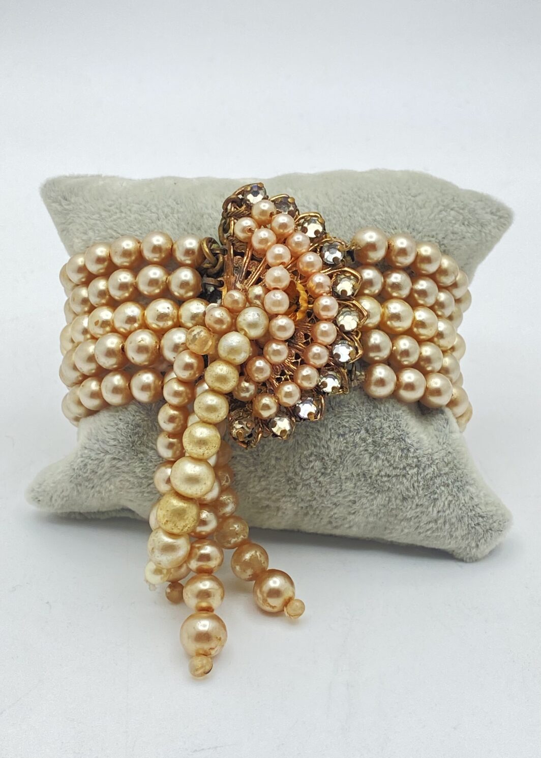 BRACCIALE VINTAGE AMERICANO ANNI ’30 CON PERLE SMALTATE E STRASS IN PATINA ORIGINALE