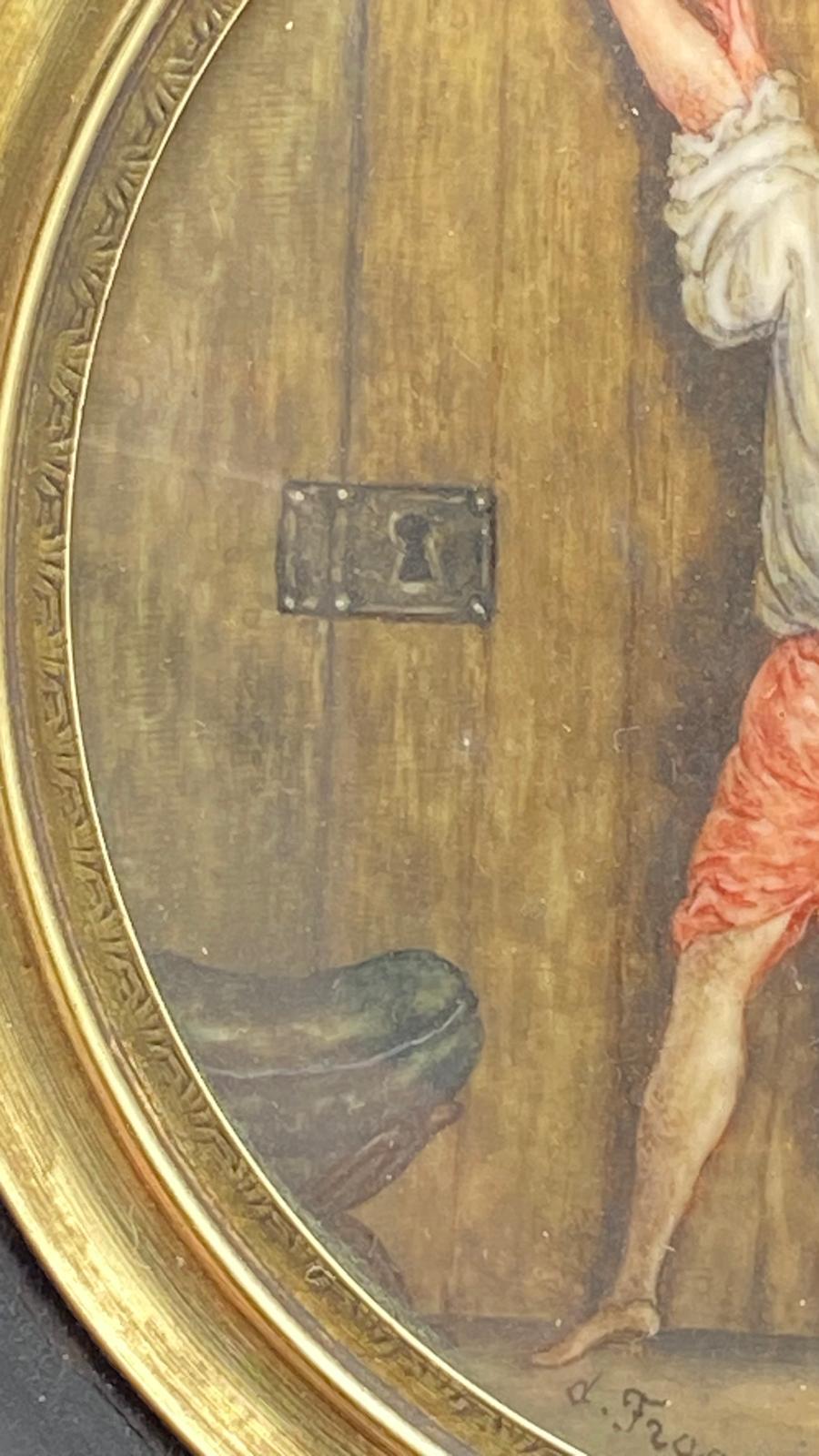 MAGNIFICA MINIATURA SU AVORIO INTITOLATA “LE VERROU (il chiavistello)”, FIRMATA “FRAGONARD D’APRES”, CON CORNICE COEVA IN LEGNO EBANIZZATO E FINITURE IN BRONZO DORATO. FRANCIA XIX sec. - immagine 3