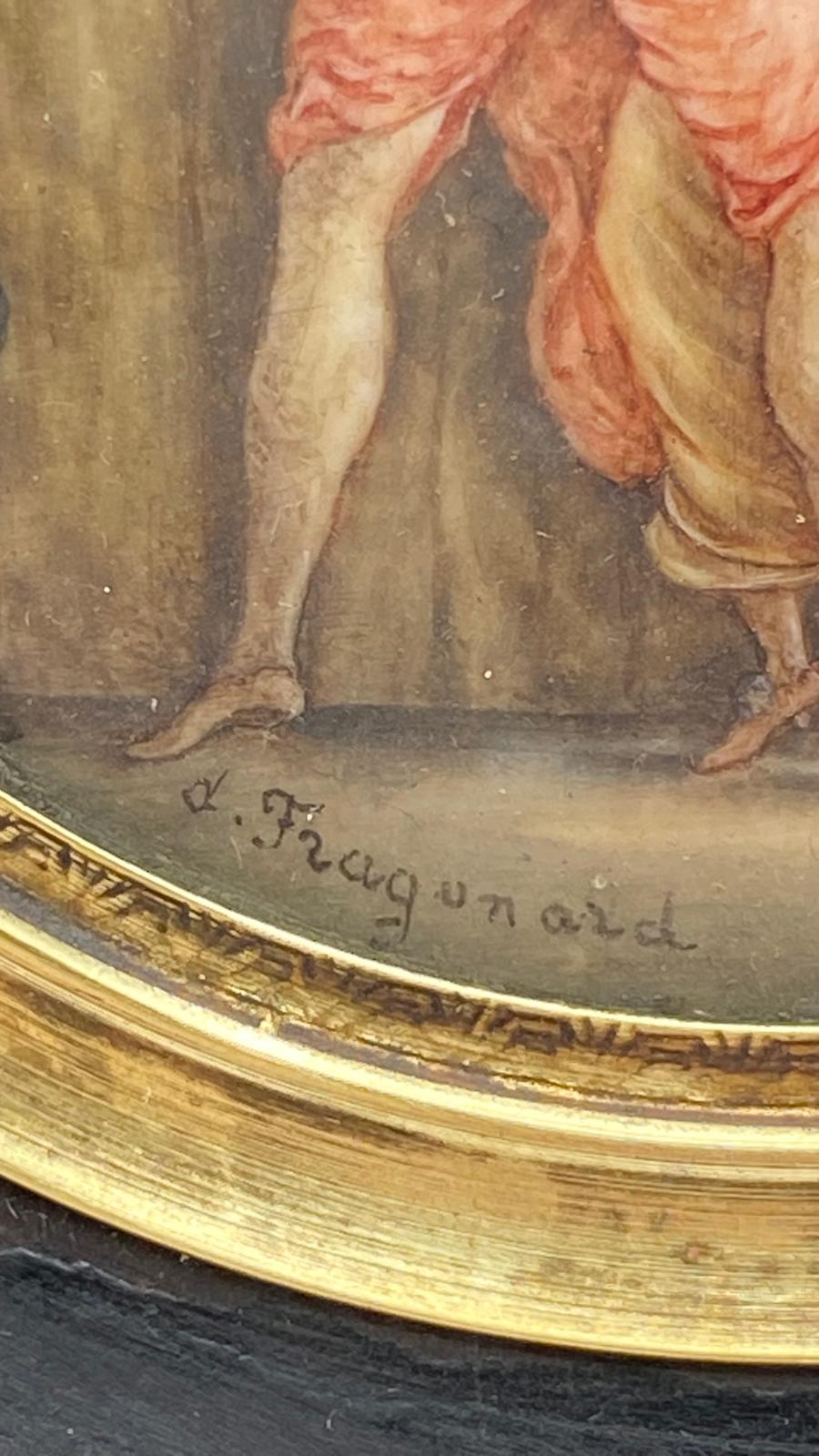 MAGNIFICA MINIATURA SU AVORIO INTITOLATA “LE VERROU (il chiavistello)”, FIRMATA “FRAGONARD D’APRES”, CON CORNICE COEVA IN LEGNO EBANIZZATO E FINITURE IN BRONZO DORATO. FRANCIA XIX sec. - immagine 12
