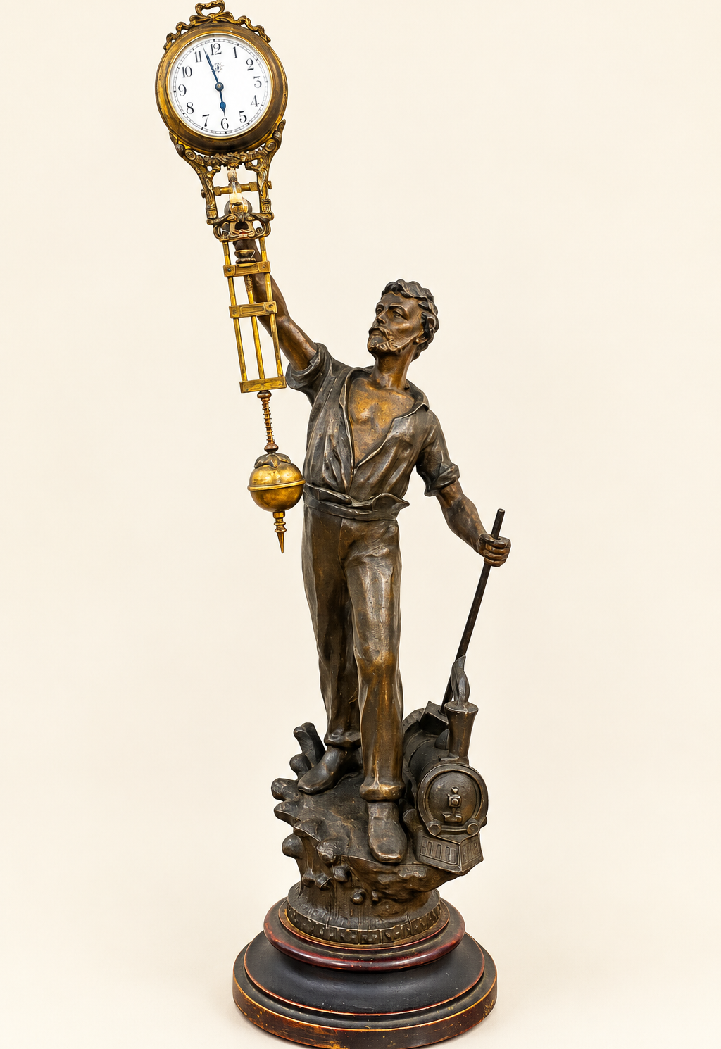 OROLOGIO MISTERIOSO OSCILLANTE JUNGHANS CON FIGURA DI FERROVIERE IN ANTIMONIO – AUTENTICO PERIODO LIBERTY / ART NOUVEAU, 1890-1910