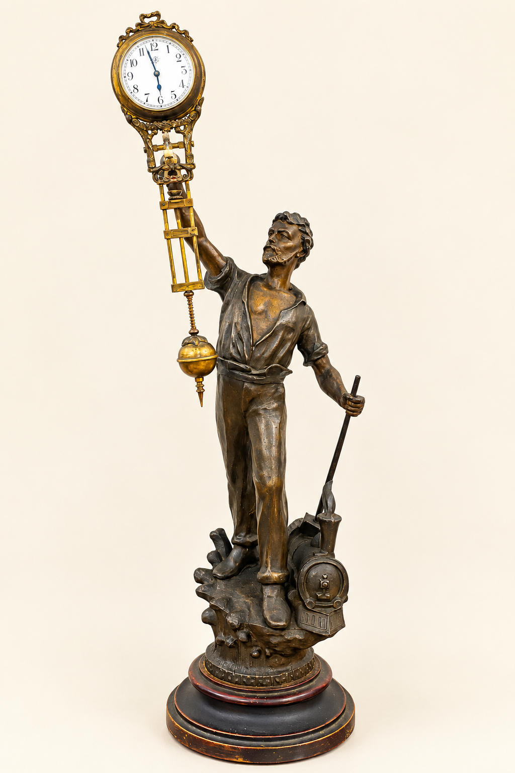 OROLOGIO MISTERIOSO OSCILLANTE JUNGHANS CON FIGURA DI FERROVIERE IN ANTIMONIO – AUTENTICO PERIODO LIBERTY / ART NOUVEAU, 1890-1910