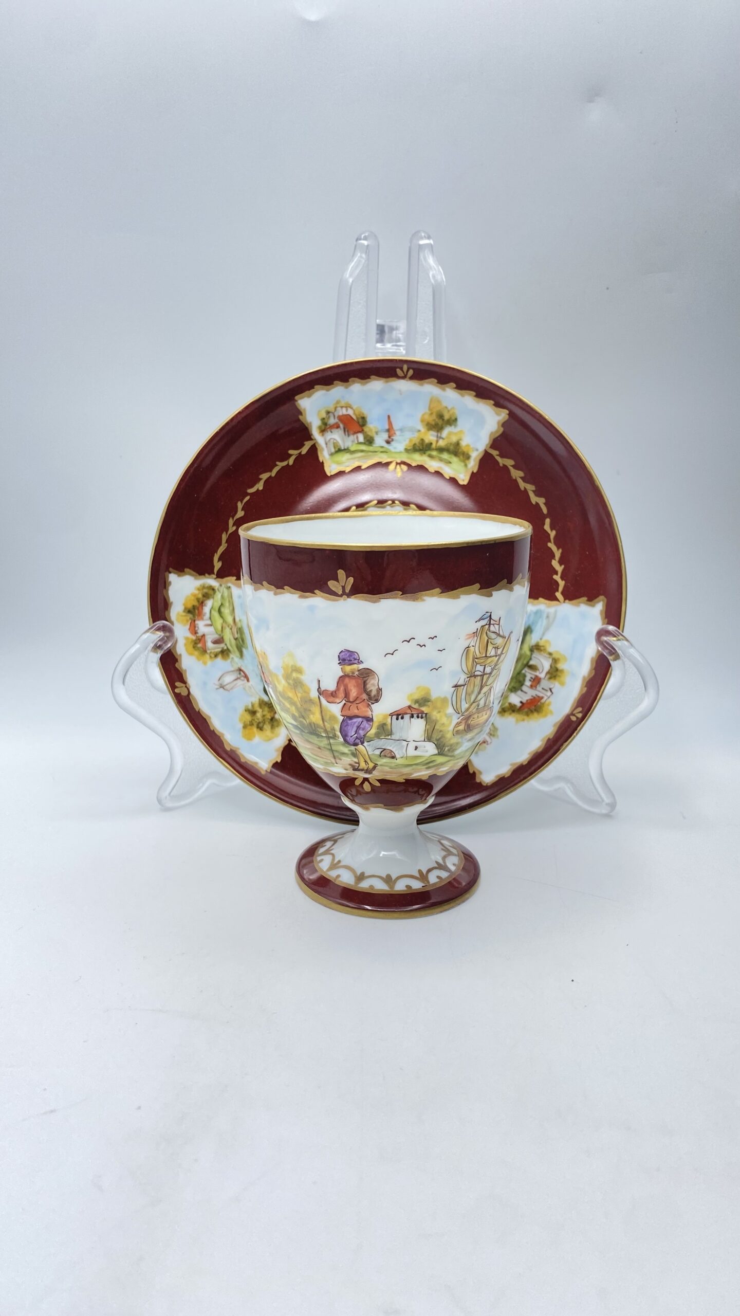 RAFFINATA ED ELEGANTE TAZZA DA COLLEZIONE CON PIATTINO IN PORCELLANA DIPINTA A MANO, ITALIA PRIMA METÀ XX SECOLO. - immagine 9