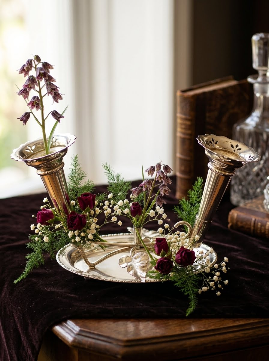 SPLENDIDA EPERGNE IN SHEFFIELD FINEMENTE SAGOMATO, A DUE TULIPES. EPOCA EDOARDIANA, STILE LIBERTY, INIZI XX sec.